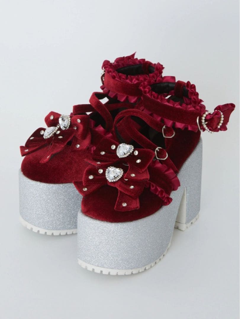 Ank Rouge キラキラビジューベロアリボン厚底シューズ レッド