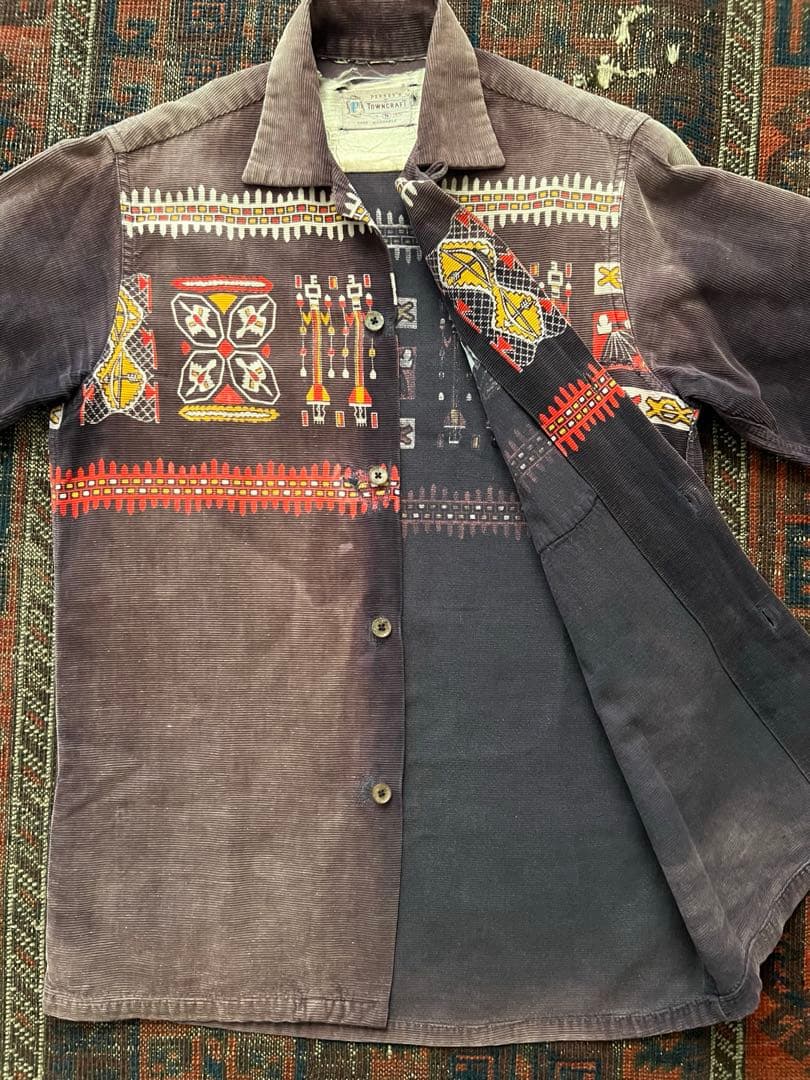 1950年代 50s プリントコーデュロイ シャツ　フェード