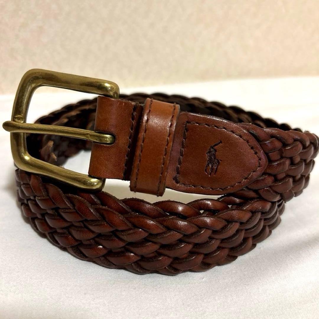 ポロラルフローレン 本革レザー 編み込み メッシュベルト ブラウン 真鍮バックル