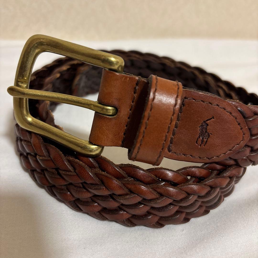 ポロラルフローレン 本革レザー 編み込み メッシュベルト ブラウン 真鍮バックル