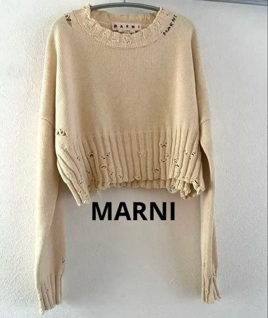 美品　MARNI ロゴ刺繍 ダメージ加工 コットンニット クロップドジャンパー