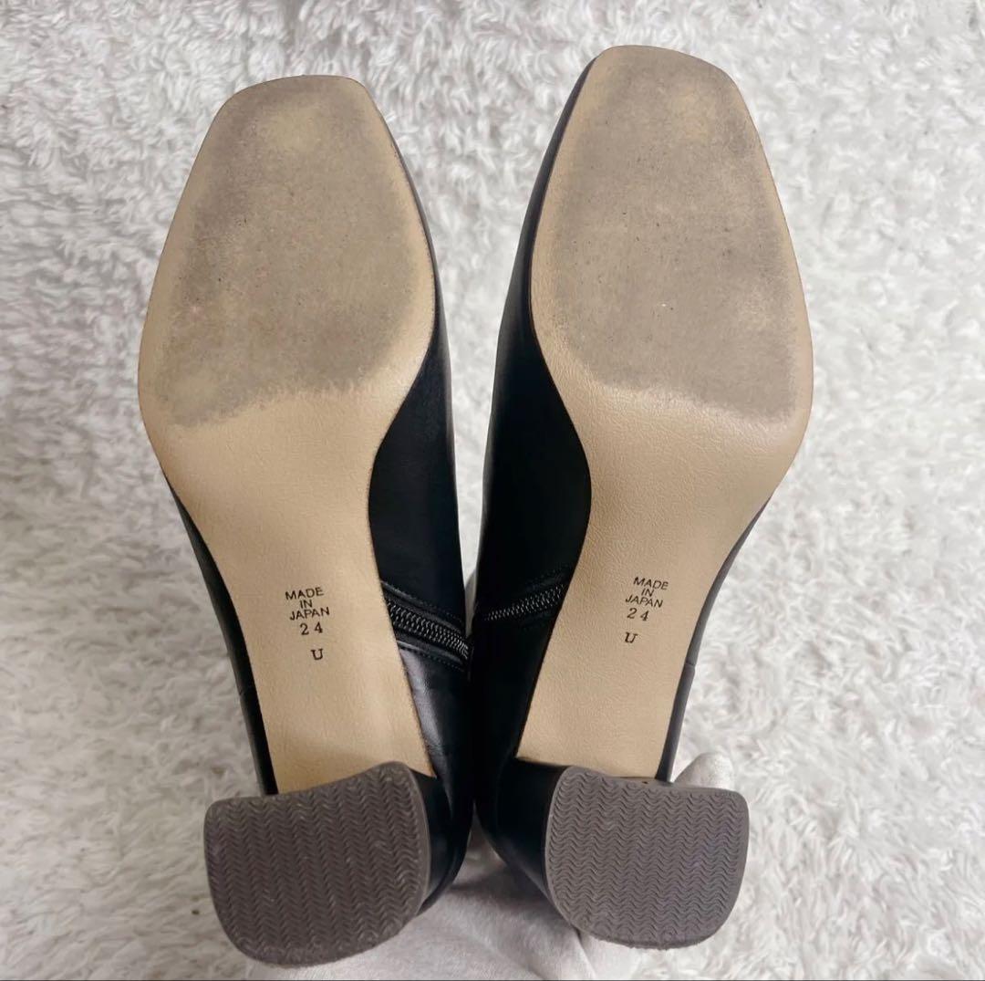 美品 ダイアナ ブラック レザー ショートブーツ スクエアトゥ サイドジップ 黒