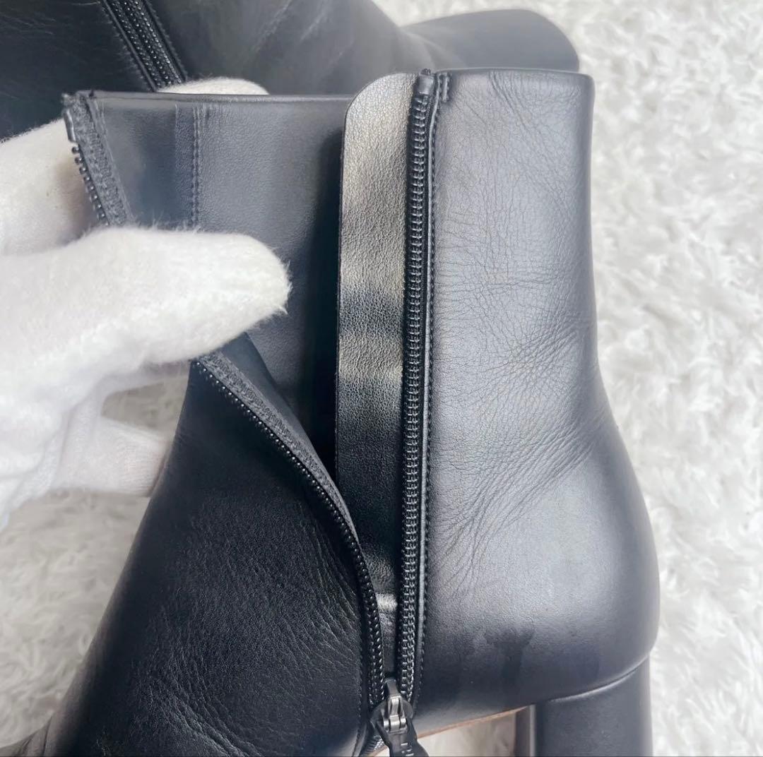 美品 ダイアナ ブラック レザー ショートブーツ スクエアトゥ サイドジップ 黒