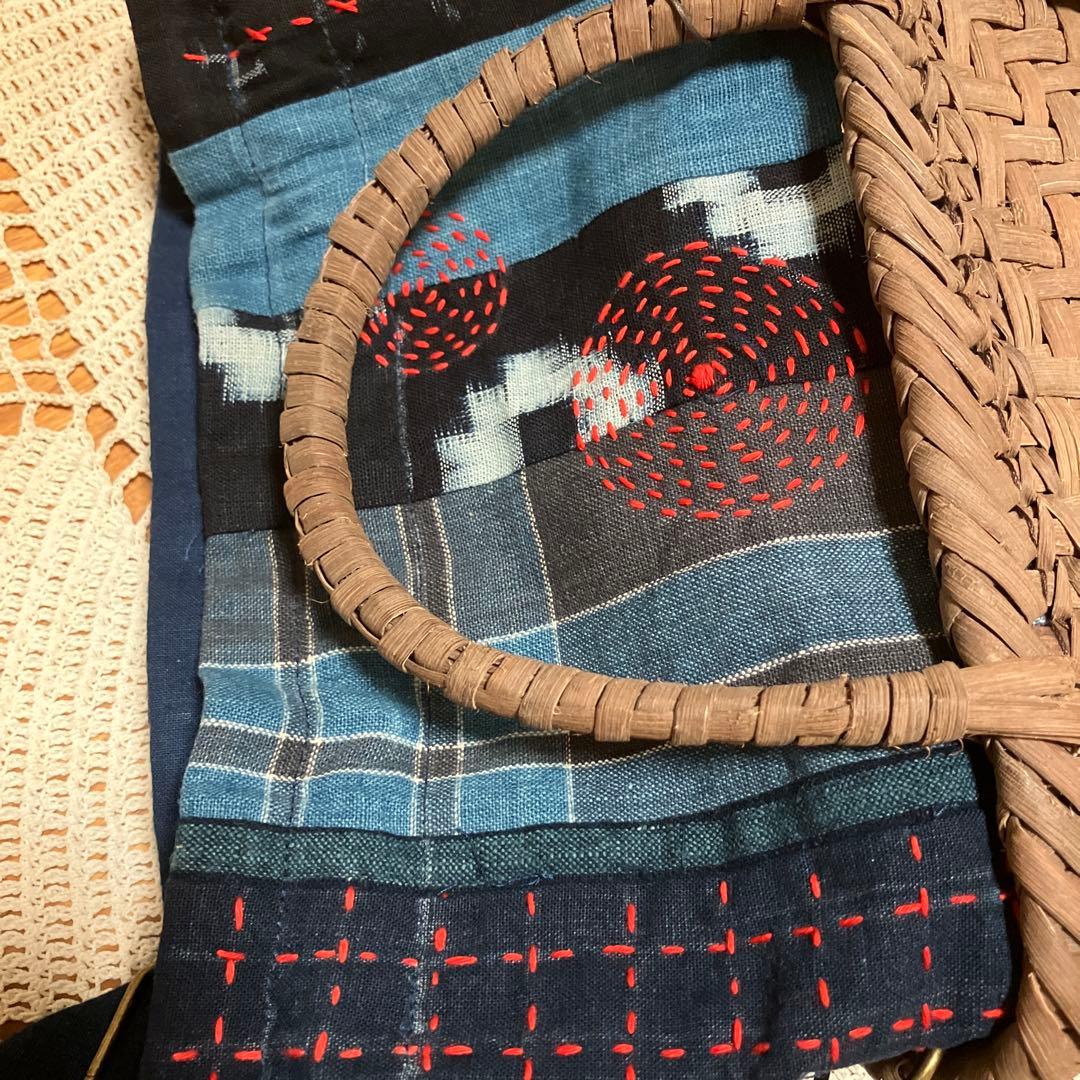 山葡萄国産かごバック手提げショルダー2way藍染め型染め格子木綿刺し子チャーム付