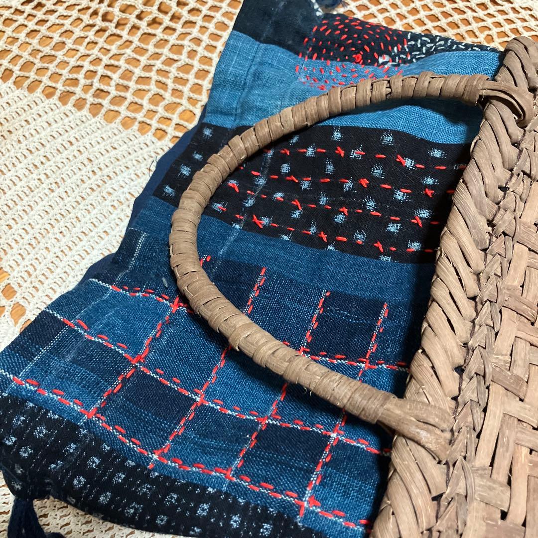 山葡萄国産かごバック手提げショルダー2way藍染め型染め格子木綿刺し子チャーム付