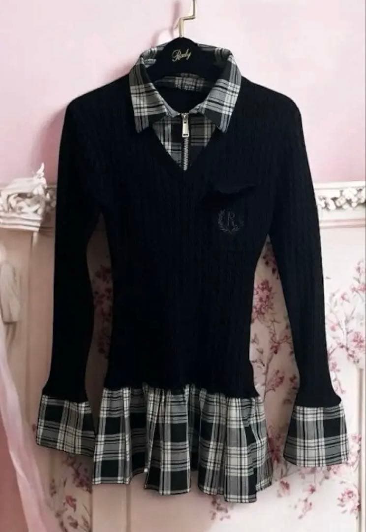 randy カービーニットチェックドッキングワンピース FS ブラック