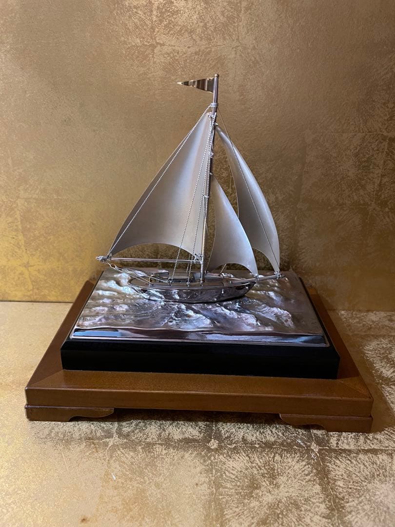 銀製 宝船 置物 ガラス シルバー　ヨット 帆船 銀製 アンティーク