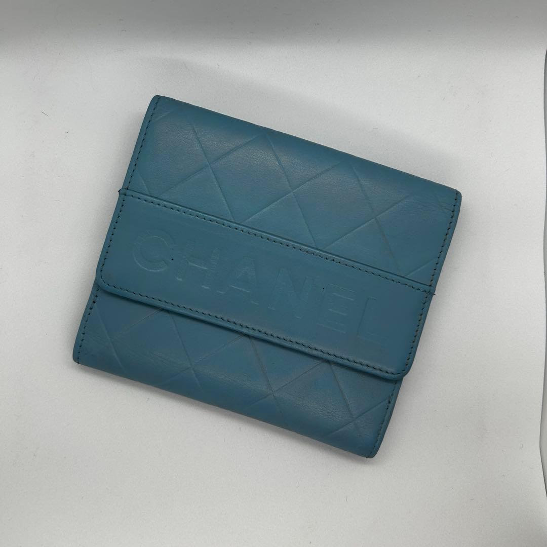 正規品 希少 シャネル CHANEL 二つ折り ミニ 財布 ロゴ ブルー/626