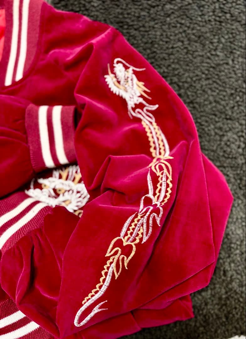 ベルベット スカジャン赤　ドラゴン刺繍