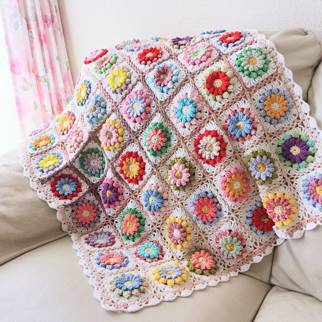 手編みブランケット★お花畑★カラフル★かぎ針編み★お花モチーフ★コットン