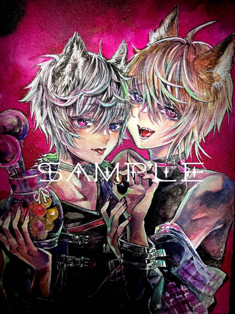 創作 オリジナル 手描きイラスト【狐猫夜】