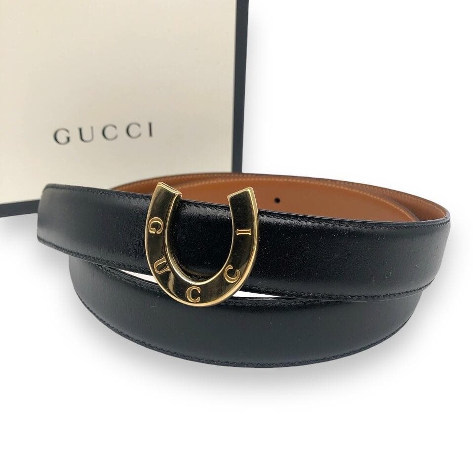 【美品】グッチ ホースシュー リバーシブル ベルト ゴールド ブラック ブラウン