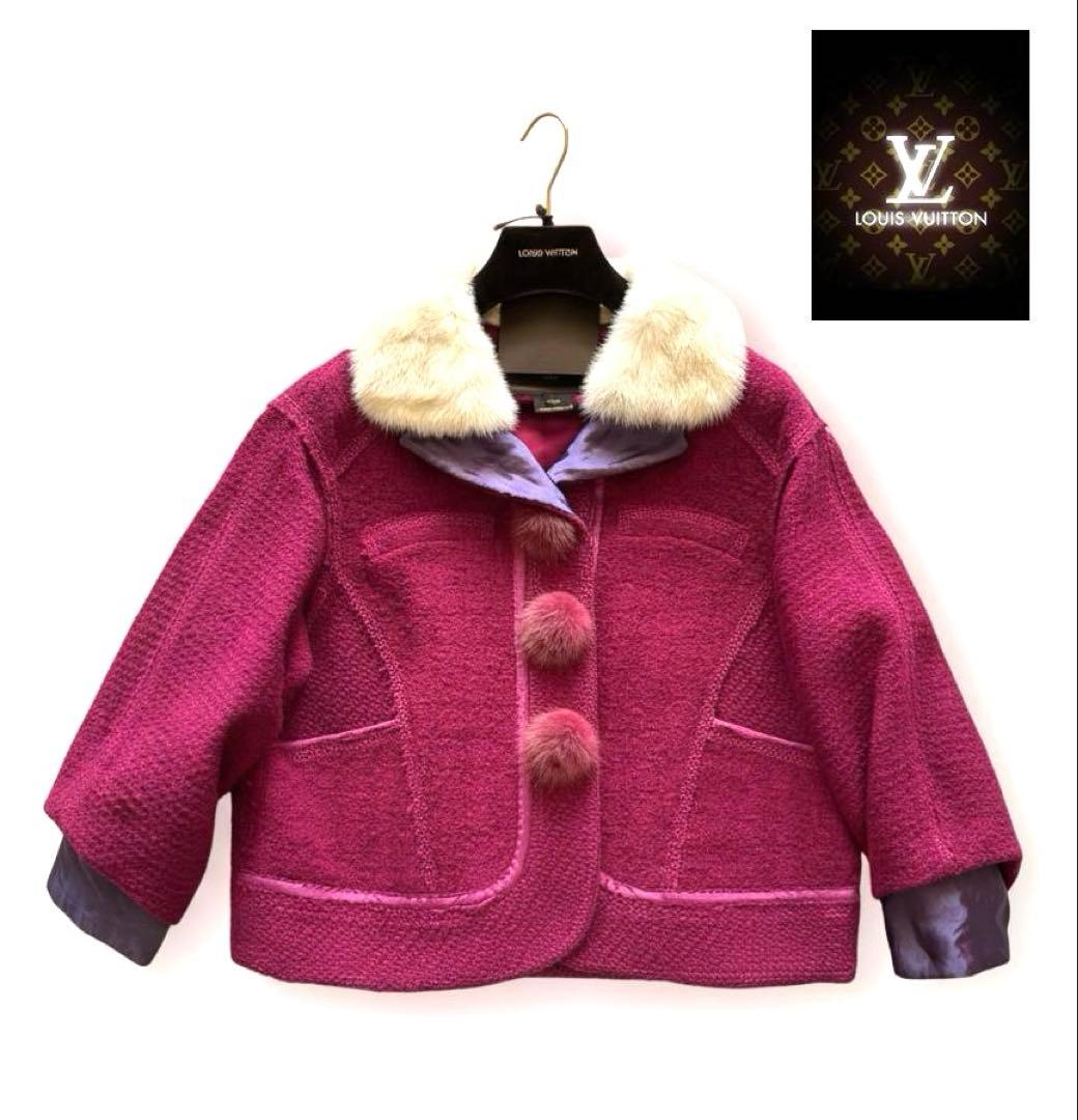Louis Vuitton ホットピンク ミンク襟 ツイード ショートジャケット
