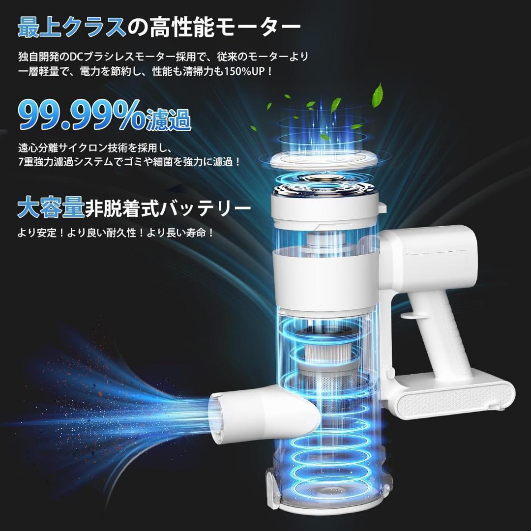 【新品】掃除機 コードレス 45000Pa 緑色LEDライト 自立式 ホワイト