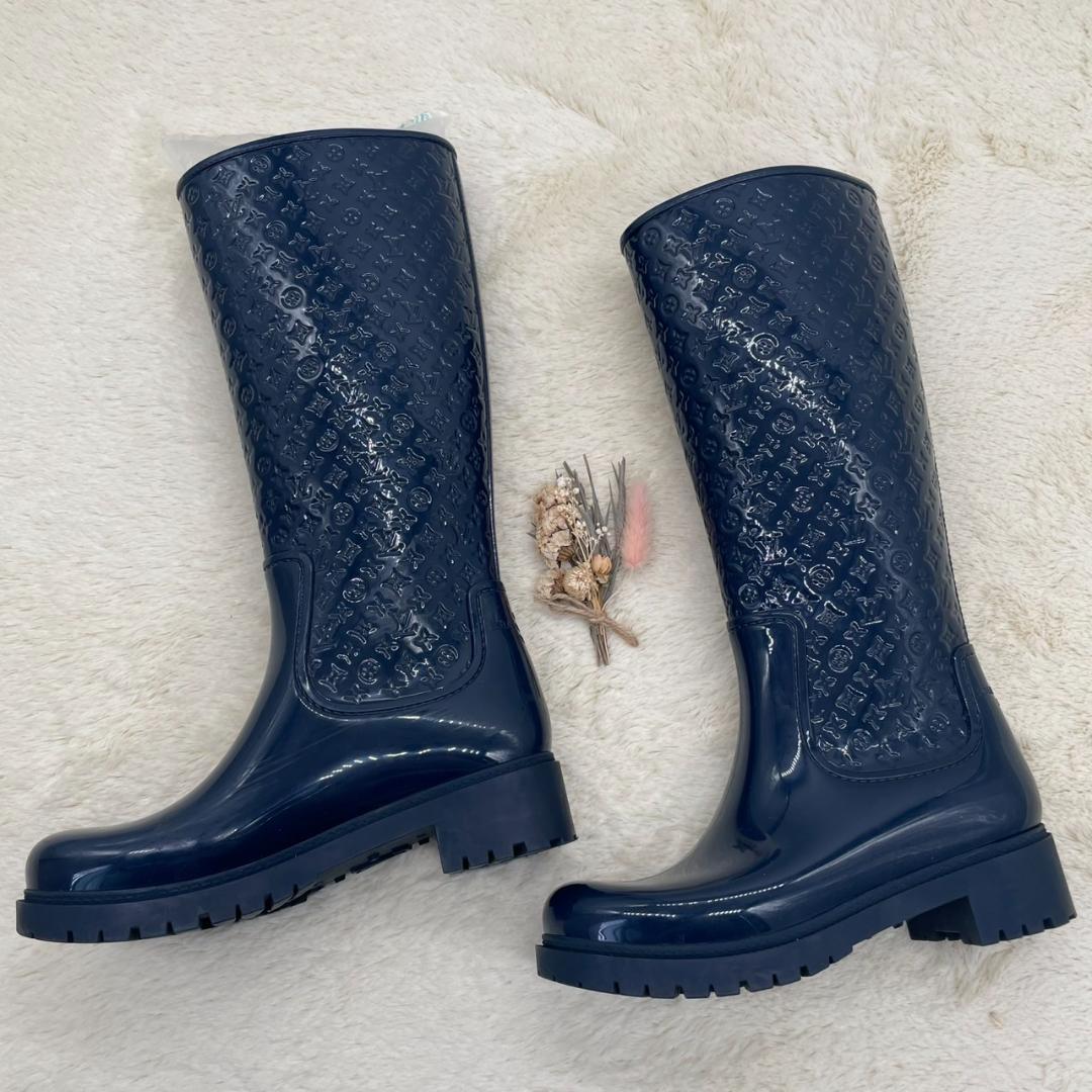 ネイビー エンボス加工 ラバーブーツ