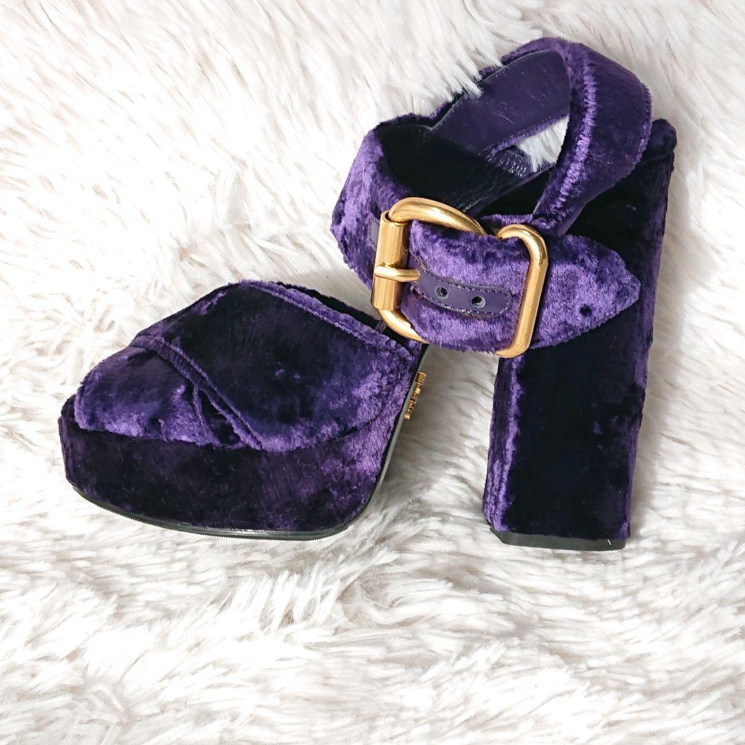 PRADA ベロア ベルベット プラットフォーム サンダル ゴールド金具 紫