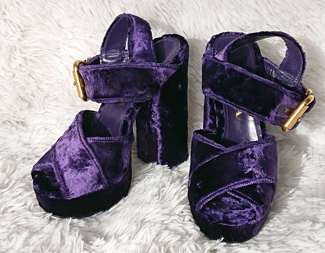 PRADA ベロア ベルベット プラットフォーム サンダル ゴールド金具 紫