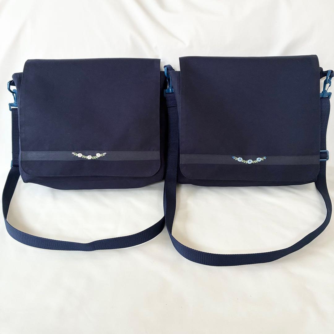 こん　手刺繍　ショルダーバッグ　通しマチ　濃紺　調整ベルト付き　【2/2】