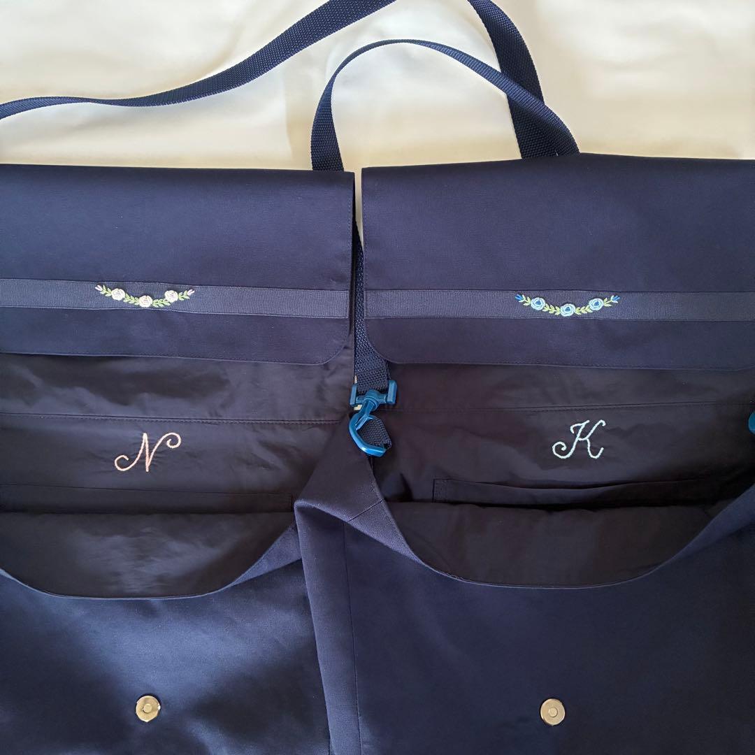 こん　手刺繍　ショルダーバッグ　通しマチ　濃紺　調整ベルト付き　【2/2】
